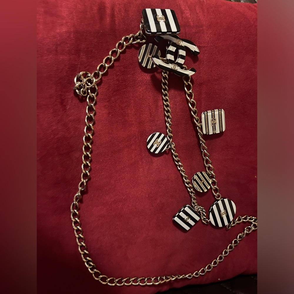 CHANEL Gold Chain Belt with Black and White Striped Enamel Charms